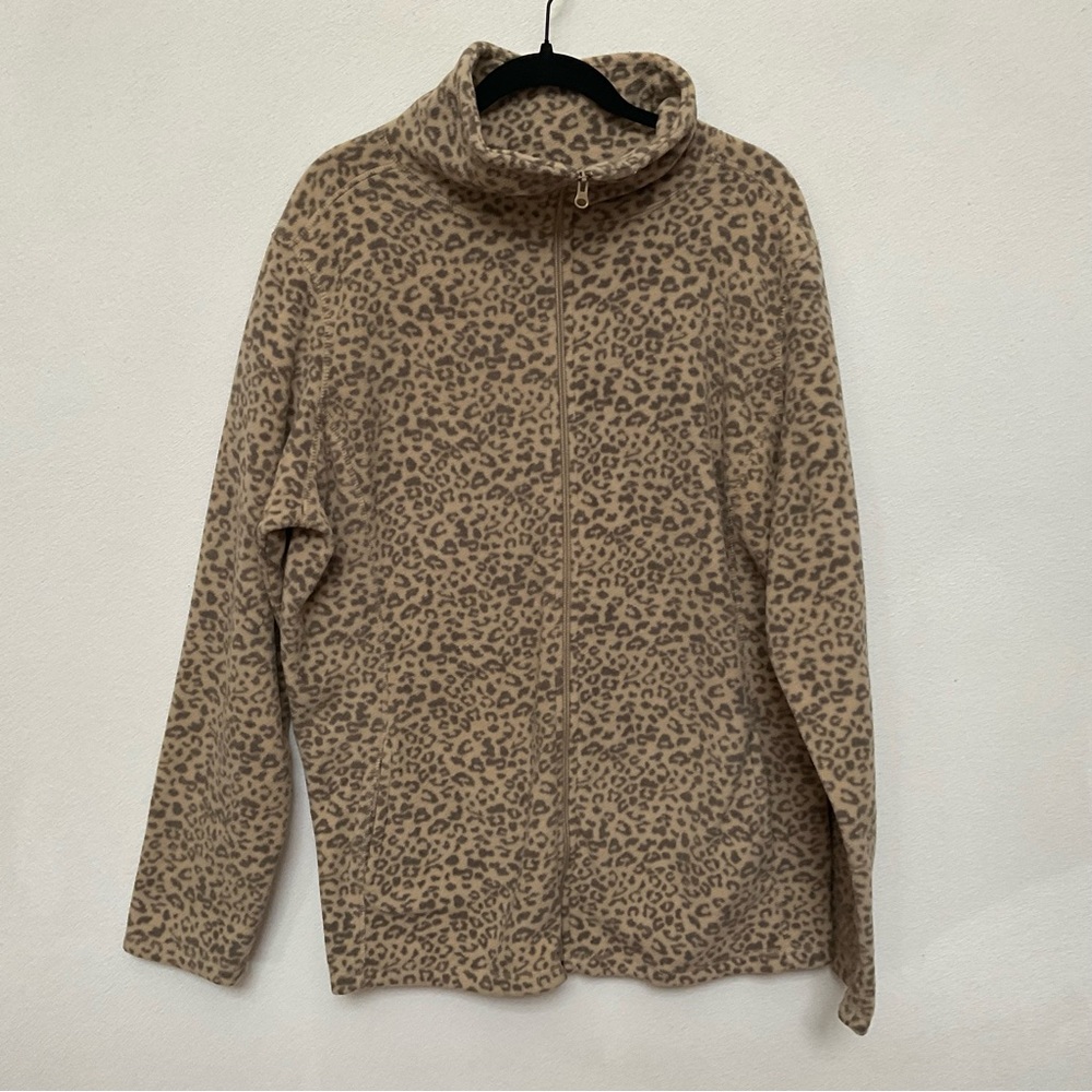Old Navy Brown Leopard Print Full Zip Fleece Size XXL Tall Winter Warm Layer